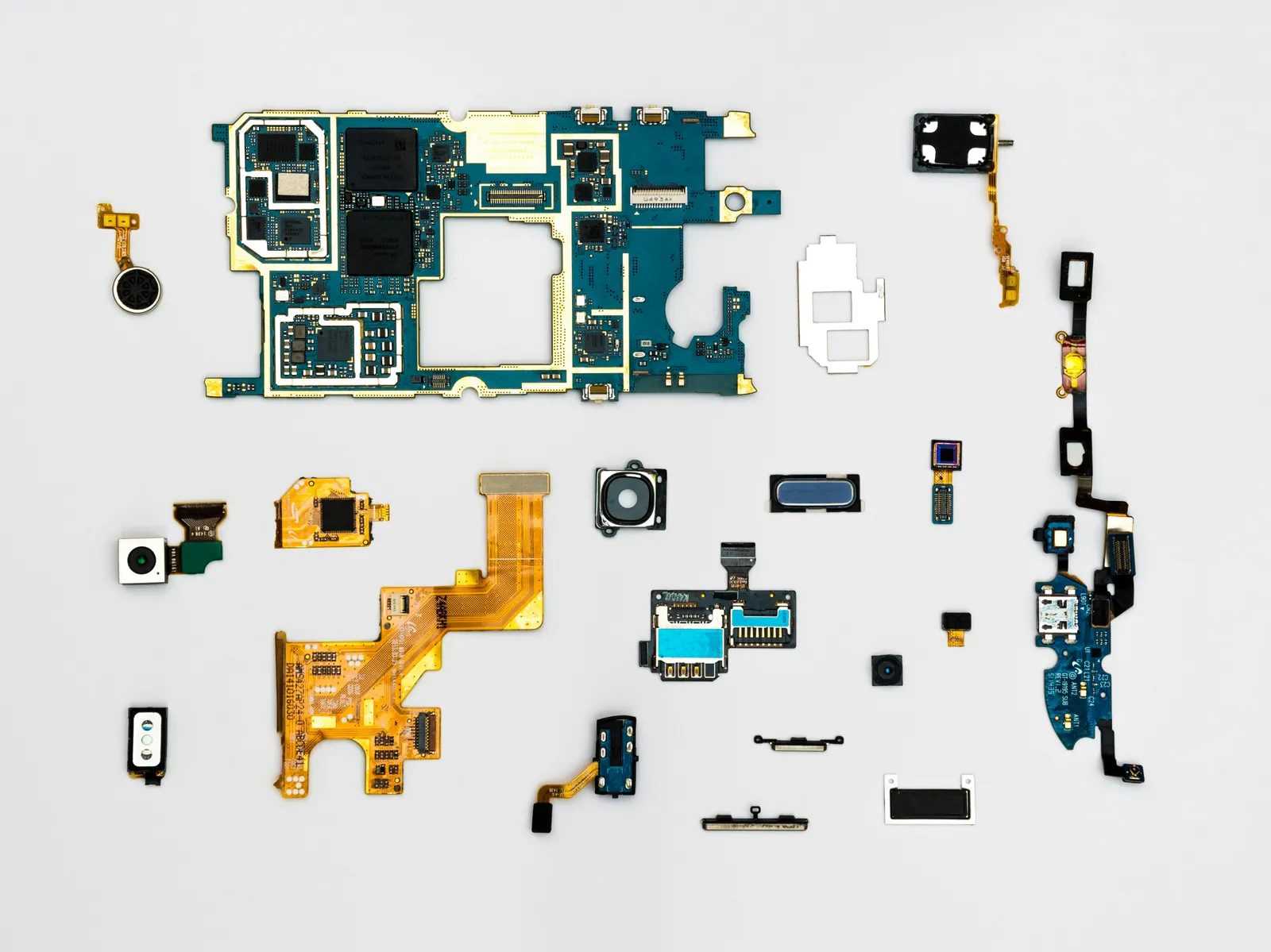 Smartphone spare parts laid out